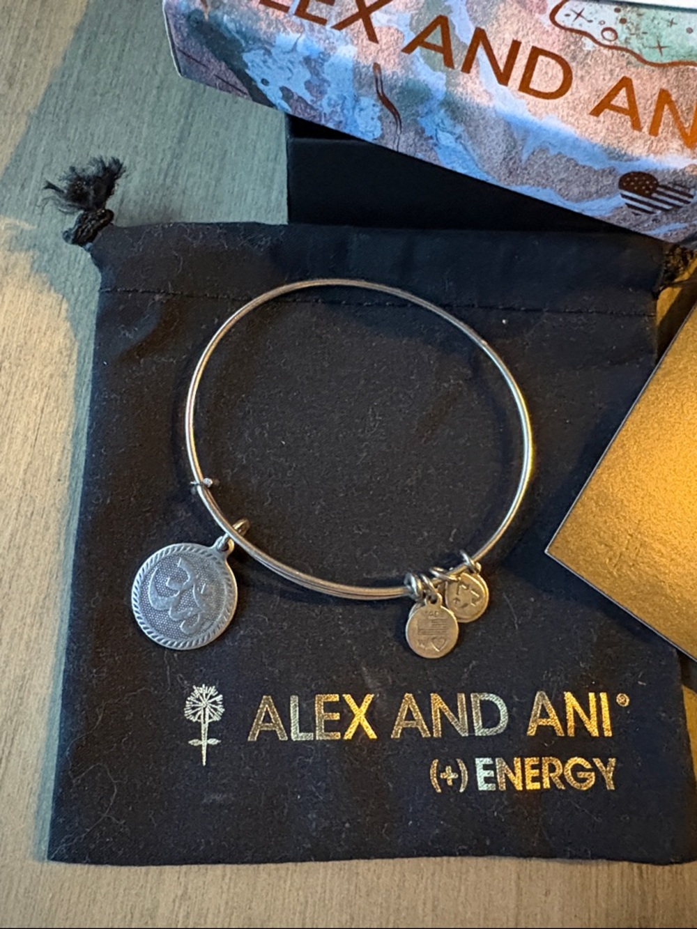 Alex and Ani Silver Tone OM + Energy Charm Bangle Bracelet